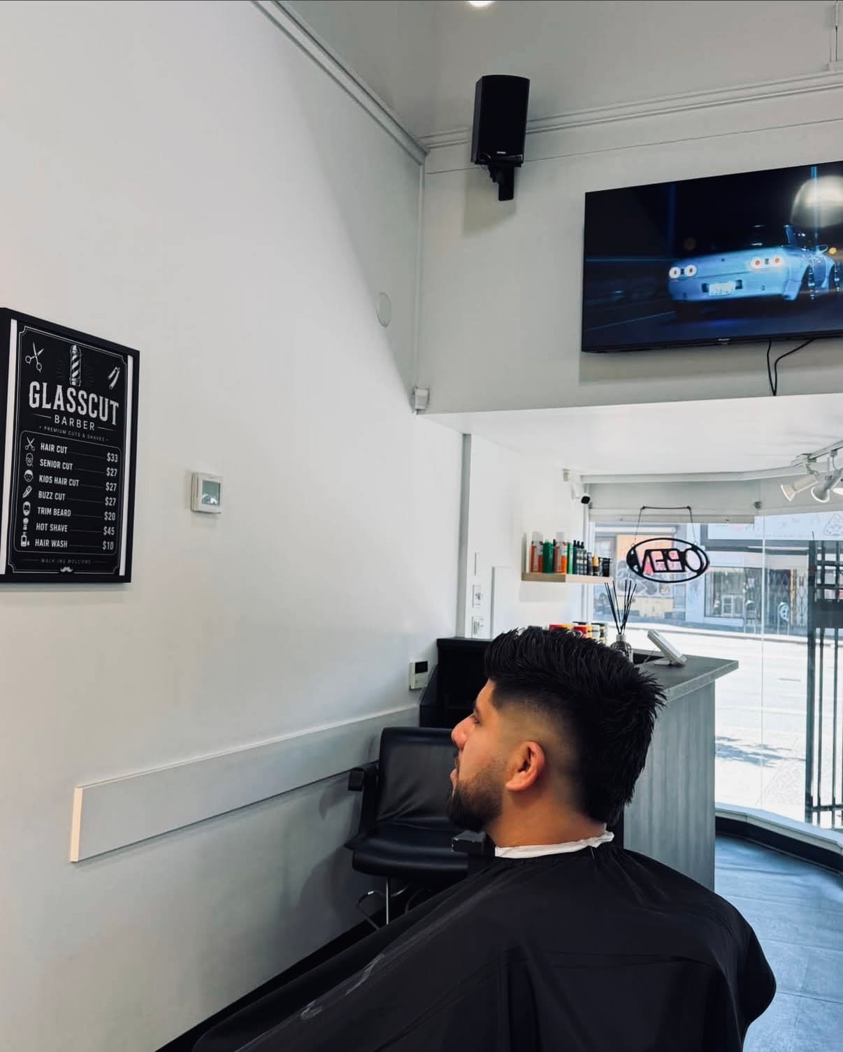 Barber station inside Glasscut Barbershop